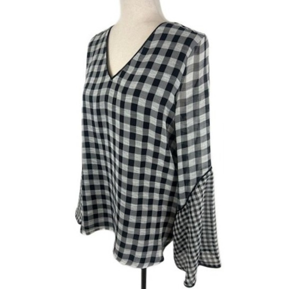New Calvin Klein Black White Gingham Check Bell Sleeve Blouse Top Size Small